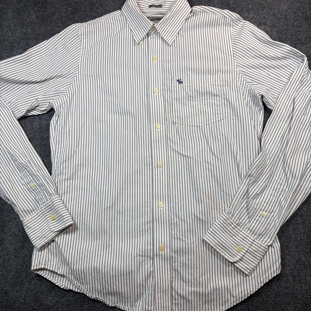 Abercrombie Fitch Shirt Mens L Muscle Blue Striped Button Up Moose Preppy Y2K